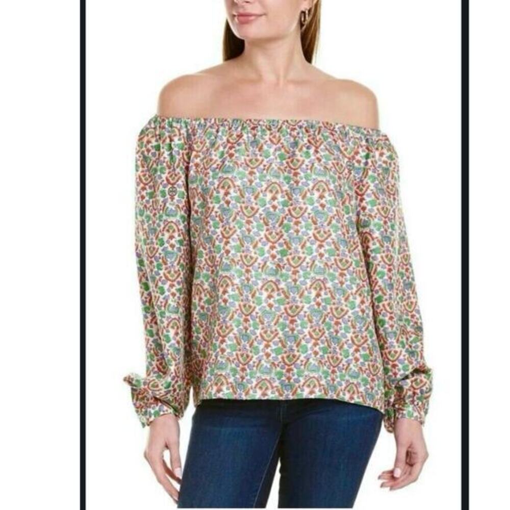 Tory Burch top size 12 floral Printed silk logo Legacy Paisley NWT off shoulder